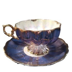 Royal Sealy Bone China Footed Cup & Saucer Iridescent White Purple Gold Trim