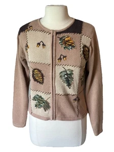 dressbarn PL Zip Up Cardigan Sweater Embroidered Acorns Leaves L/S Light Tan - Picture 1 of 15