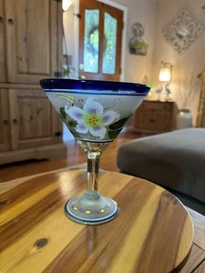 Extra Large Hand Painted Frosted Hibiscus & Butterfly Margarita Glass Cocktail - Picture 1 of 7