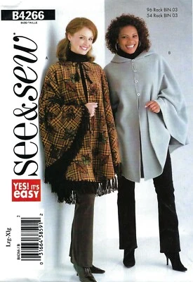 Butterick See & Sew B4266 EASY Ponchos, Tie or Button Front, w Hood Sz 16-22 UC - Image 1 of 4