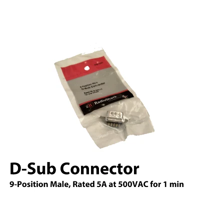 D-Sub Connector, 9-Position Male, RadioShack® Brand, Rated 5A at 500VAC for 1min - Image 1 of 4