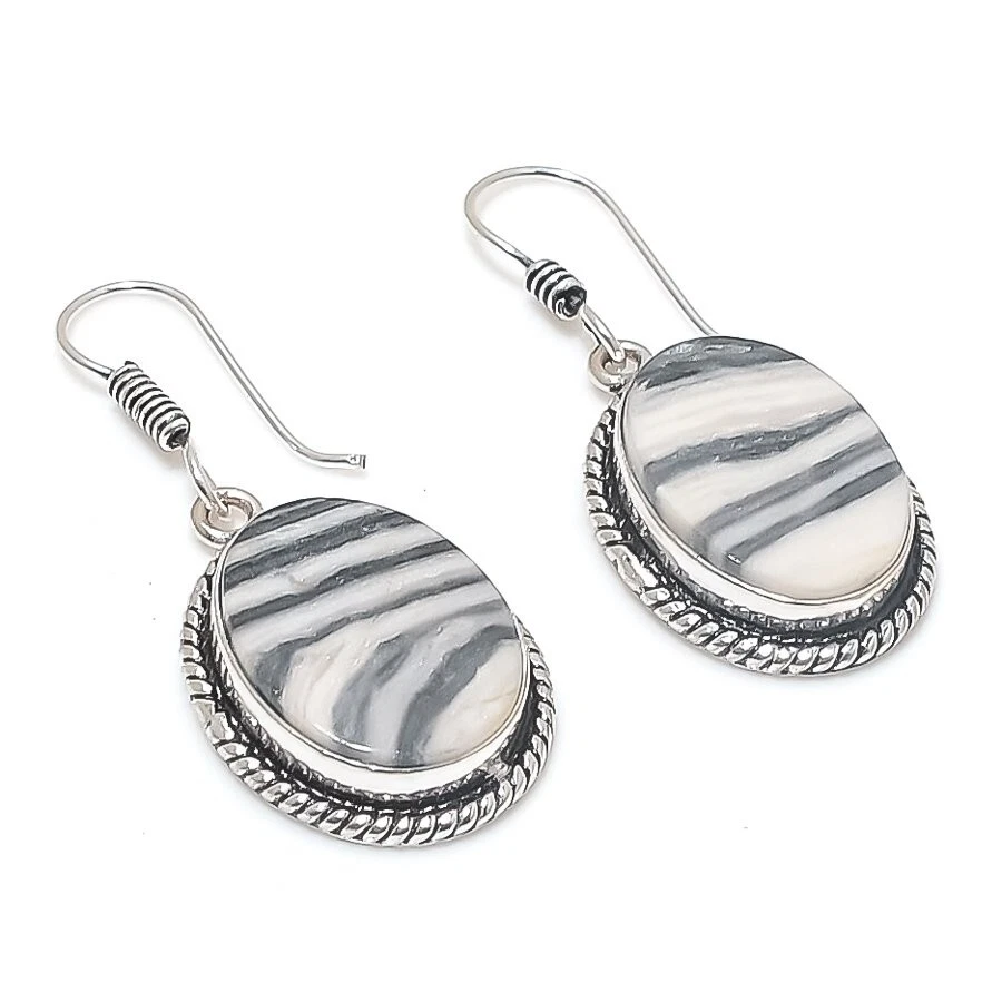 Zebra Jasper Gemstone Handmade 925 Sterling silver Earring Size 1.40'' - Image 1 of 1
