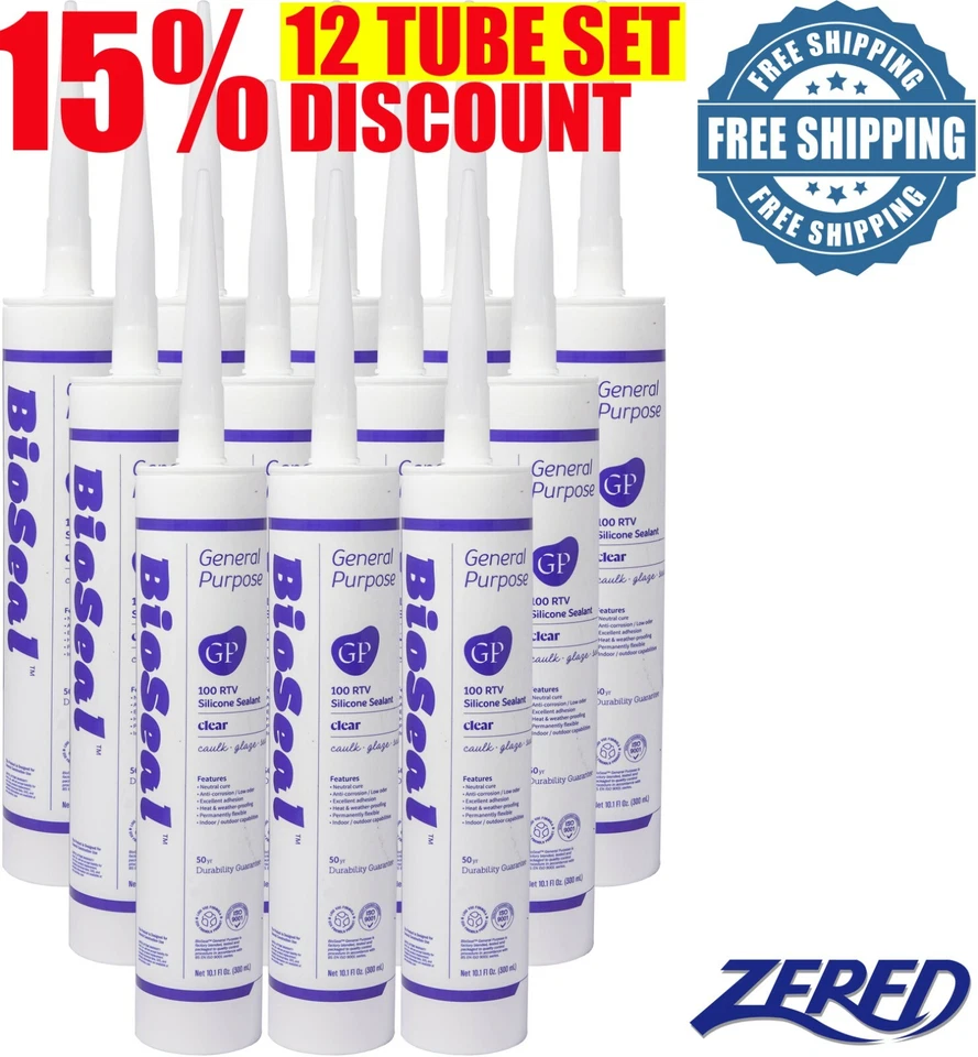 ZERED 12 Tube LOT SALE BioSeal Silicone Caulk Sealant Ge neral Purpose 10.1oz - Clear