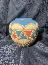 Beautiful Small Vase - Blue Orange Yellow Cream Geometric Sectional Glaze 4.5x5"