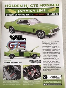 FREE POST CLASSIC CARLECTABLES 1:18 BROCHURE HJ GTS MONARO COUPE JAMAICA LIME ** - Picture 1 of 2