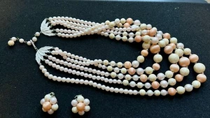Vtg 1950’s Japan Pale Peach Pink Multi Swirl Beads 5 Strand Necklace & Earrings - Picture 1 of 5