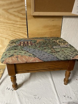 VTG Powell Tapestry Foot Stool With Hinged Lid Wood Base Legs 10"H 12"L 16"W - Image 1 of 4