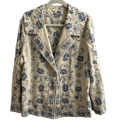 J. Jill Fairy Tale Cottagecore Blue Floral Embroidered Jacket 100% Linen Size 2X - Image 1 of 4