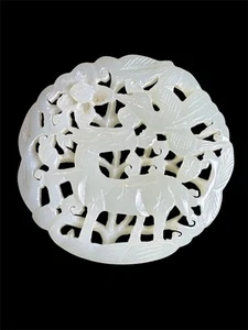 Qing Dynastie weiße Jade Plakette - Hirsch & Phönix unter Blüten, 18.-19. Jh. - Bild 1 von 4