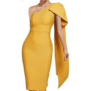 Uonbox Bodycon-Kleid Damen M gelb One Shoulder ärmellos Schleife mit Punkten - Bild 1 von 10