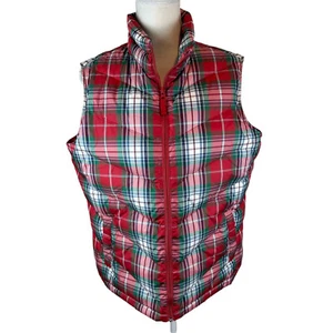 Lands' End Plaid Down Puffer Vest Red Green White 80% Down Pockets Size Large L - Picture 1 of 8