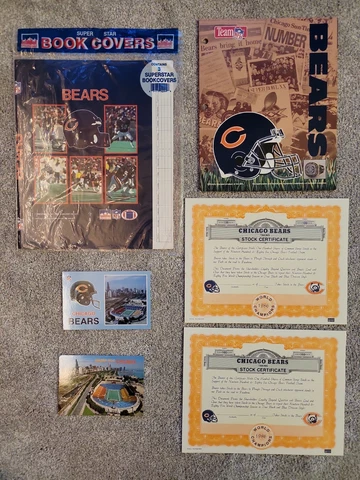 ODD 6 LOT CHICAGO BEARS Soldier Field postcard,Stock Certificate,Binder,Bookcove Cover