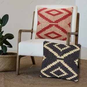 Artisan Wool Jute Cushion Cover Handwoven Kilim Pillow Boho Home Decor Sofa 2 Pc - Picture 1 of 58