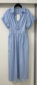 ZARA BLUE COTTON BLEND JOHNNY COLLAR SHIRT DRESS WITH SIDE POCKETS SIZE L BNWT - Picture 1 of 9