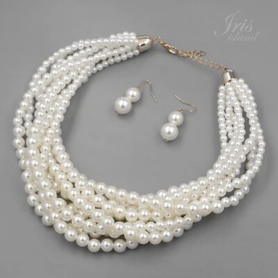 白色玻璃珍珠多层链项链耳环珠宝首饰套装 0090 — 第 1/4 张图片