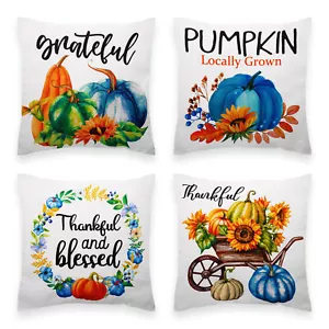 Fall Décor Pumpkin Thankful Waterproof Throw Pillow Covers 18 x 18 In, Set of 4 - Picture 1 of 9