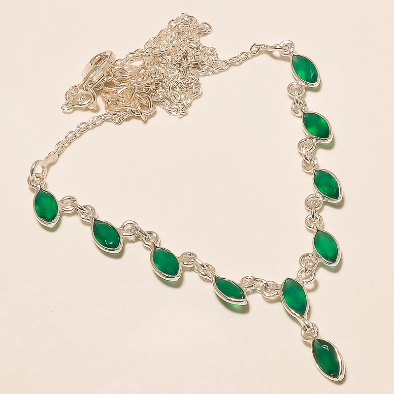 7.40 GM 925 Argento Sterling Verde Naturale Pietra Onice Handmade Collana Misura - Immagine 1 di 1