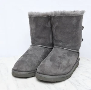 Ugg Australia Bailey Bow Boots Grey Sheepskin Suede Warm Big Kids Sz 3 - Picture 1 of 11