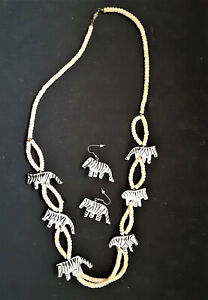 Zebra Necklace and Pierced Earrings - Wood Beads and Zebras