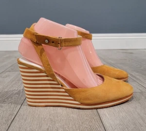 Vtg 90s KORS Michael Kors Orange Nubuck Leather Striped Ankle Strap Wedge 9M - Picture 1 of 9