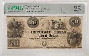 1839-41 $20 Republic Of Texas Treasury Note TXCRA6 Austin PMG 25 Very Fine - Picture 1 of 2