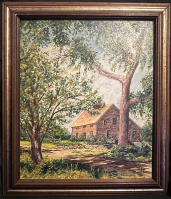 Pintura al óleo de paisaje impresionista estadounidense vintage árboles casa artista firmada Foto 1 de 4