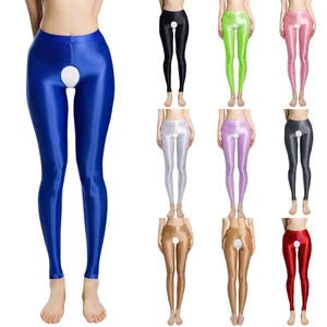 Women Underwear Silky Tights Sexy Pants Oil Trousers Open Crotch Fitness Nylon - Picture 1 of 123