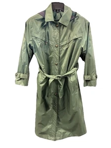 Vintage 90s Current Seen Women's Trench coat 5/6 Army Green Long Gold Button Up - Picture 1 of 15