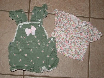 Girls Sz 0-3 Months Green Floral Shirt & Overall Shortalls 2 Pc Set LITTLE LASS - Image 1 of 2