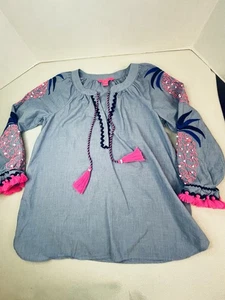 Lilly Pulitzer Damen XS Keela blau Chambray bestickt Quaste V-Ausschnitt Top Bluse - Bild 1 von 12