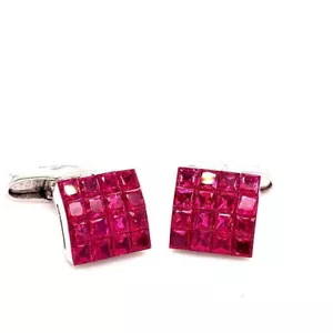 Impressive Princess Cut Red Ruby Square Design Men's Bright Finish Fine Cufflink - Picture 1 of 5