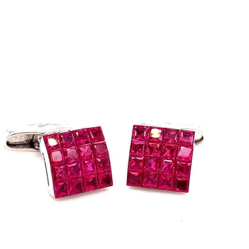 Impressive Princess Cut Red Ruby Square Design Men's Bright Finish Fine Cufflink - Image 1 of 4