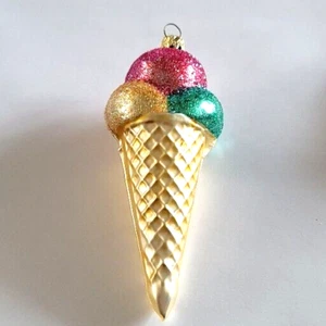 Christmas Ornament Blown Glass Ice Cream Cone Germany Holiday 3 Scoop Waffle - Picture 1 of 5
