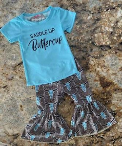 SADDLE UP Buttercup Bell Bottom Outfit, Turquoise Skull Cheetah Print Flares - Picture 1 of 12