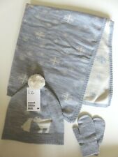 H&M baby boys boxed gift set blanket hat mittens grey cream 6 9 12 18 months NEW