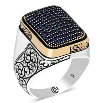 Anillo de plata de ley 925 con piedra de circón azul estilo turco para hombre Foto 1 de 2