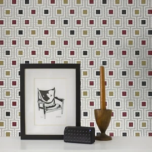 Modern White Geometric Wallpaper Red Black GOLD Square Textured Contemporary 3D - Picture 1 of 11
