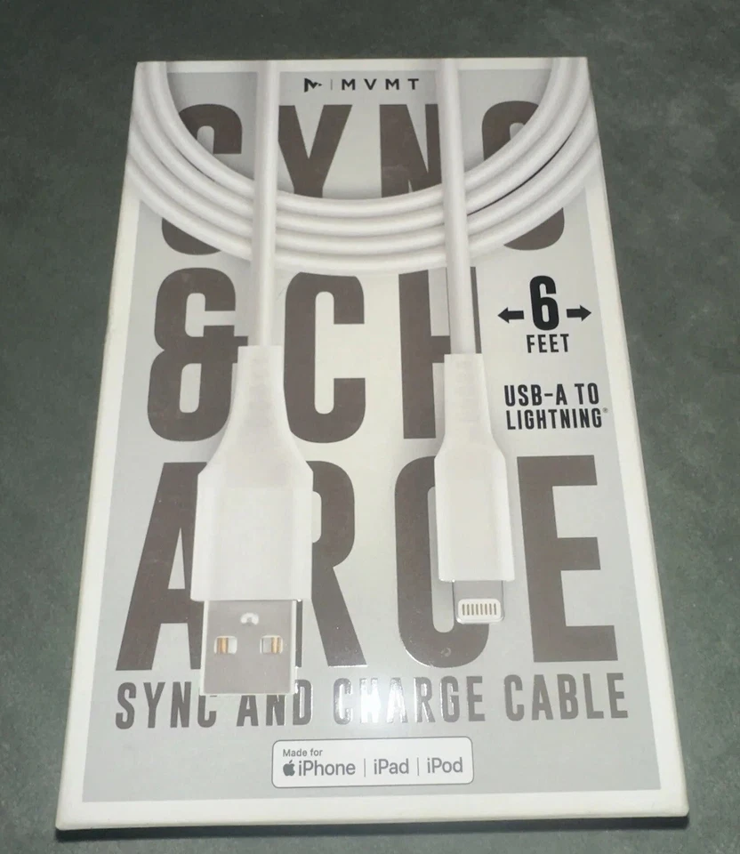 Cable de sincronización y carga MVMT blanco.  Nuevo en embalaje.  Cable USB a iluminación 6 pies Foto 1 de 4