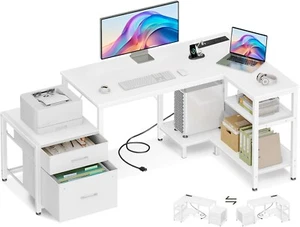 55Inch L Shaped Computer Desk with Power Outlet & Large File Drawer, Home Office - Picture 1 of 8