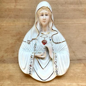7" Velo Blanco Sagrado Corazón Bisque Porcelana María Pared Relieve Mirada Serena con Manos - Imagen 1 de 6