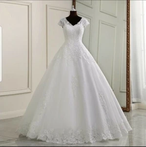 UK White Ivory Cap Sleeve Beaded A Line Floor Length Wedding Dress Size 6-22 - Picture 1 of 5