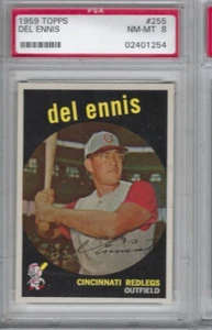 Tarjeta de béisbol Topps 1959 #255 Del Ennis Cincinnati rojos clasificación PSA 8 blanca trasera - Imagen 1 de 2