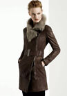 Karen Millen Brown Leather Aviator Long Jacket Coat 14. Fur Trim. Vintage