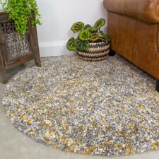 Modern Grey & Yellow Flecked Shaggy Rug Round Circle Area Mat Dense Carpet Rugs