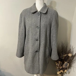 Cappotto vintage London grigio nebbia misto lana lunghezza media foderato tasche donna taglia 14 difetto USA - Foto 1 di 14
