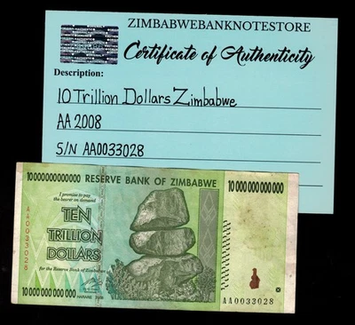 10 万亿津巴布韦元钞票 AA 2008 正品低序列 # AA0033028 — 第 1/3 张图片