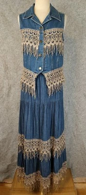Maxi Falda Chaleco Denim Mujer Talla S 2 Piezas De Colección Caprichoso Encaje Flecos Cottage Core Foto 1 de 4