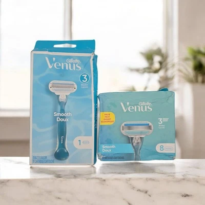 Venus Smooth BUNDLE 1 RAZOR & CARTRIDGE+8 CARTRIDGE REFILL (3 BLADE) BOX DAMAGE - Image 1 of 4