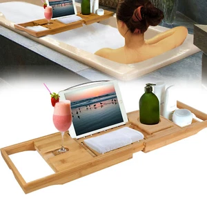 Bamboo Bathtub Caddy Over the Tub Bath Tray Holder for Wine Glass Tablet Phone - Picture 1 of 11