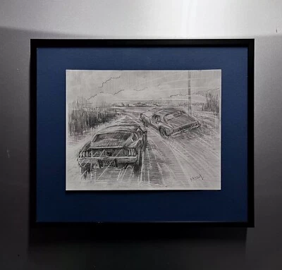 Оригинальный BULLITT Chase Muscle Cars Классический Mustang Dodge Гоночный Эскиз Рисунок Unf - Изображение 1 из 4